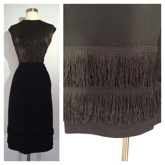 1950s Fitted Black Pencil Skirt with Fringe Detai… - image 1