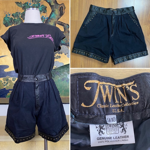 1980s 90s Vintage Black Denim and Leather Shorts … - image 1