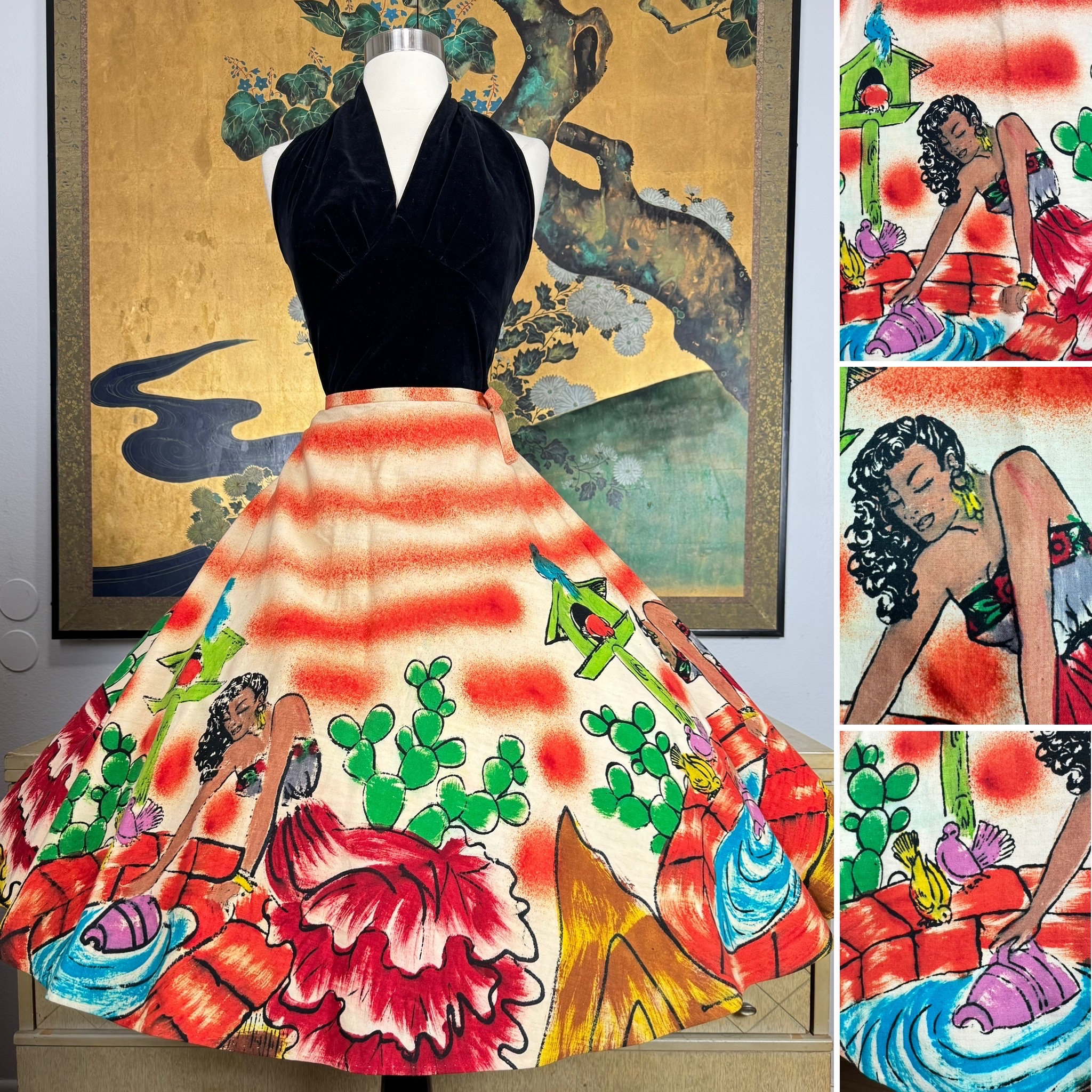 ビンテージ　Mexico　サーキュラースカート 1950s Vintage Hand Painted Mexican Circle Skirt -- Vibrant