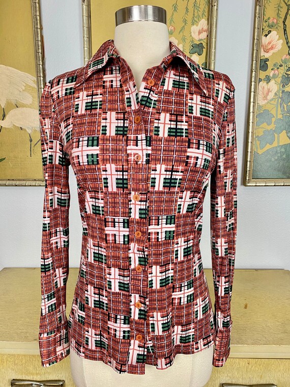 1970s Vintage Plaid Print Nylon Blouse by Huk A P… - image 2