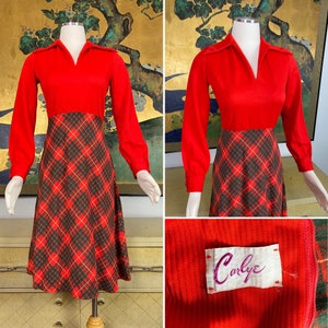 1970s Vintage Long Sleeve Plaid Dress by Carlye -- Vibrant Shade of Red Orange!