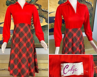1970s Vintage Long Sleeve Plaid Dress by Carlye -- Vibrant Shade of Red Orange!