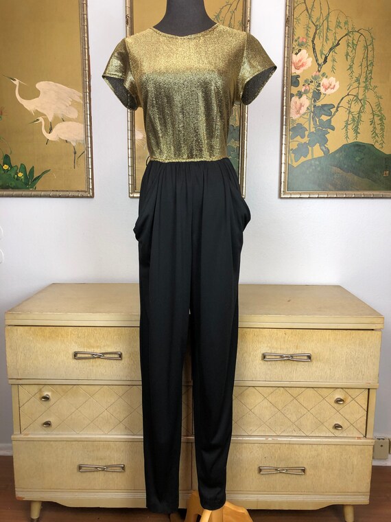 1980s Gold and Black Scoop Back Jumpsuit -- Wonde… - image 2