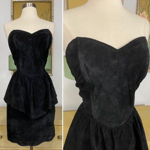 1980s Vintage Black Suede Party  Mini Dress by Judy&#39;s -- Sweetheart Neckline and Peplum Details!