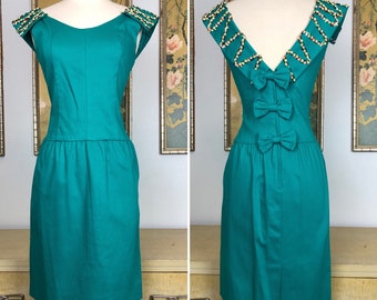 1980s Teal Green Dress -- Accented by Sequins and Gold Rope Trim!