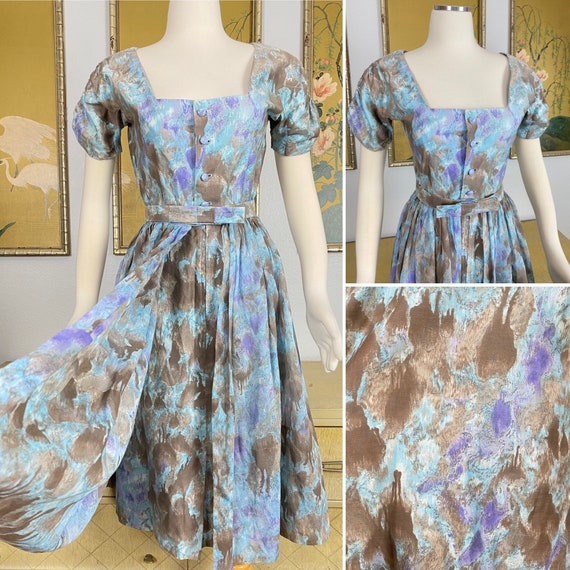 1950s 60s Vintage Watercolor Print Cotton Dress S… - image 1