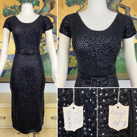 1950s 60s Vintage Black Sequined and Beaded Dress… - image 1