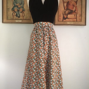 1960s Soft Cotton Floral Print Skirt--Peach and Blue Flowers