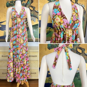 1970s Vintage Floral Print Halter Maxi Dress -- Unique Color Combo!