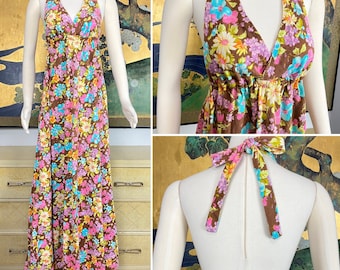 1970s Vintage Floral Print Halter Maxi Dress -- Unique Color Combo!