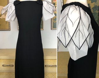 1980s Vintage Sheath Dress by Norman Berg for Denise Fashions -- Dramatic 3D Leaf Sleeves!