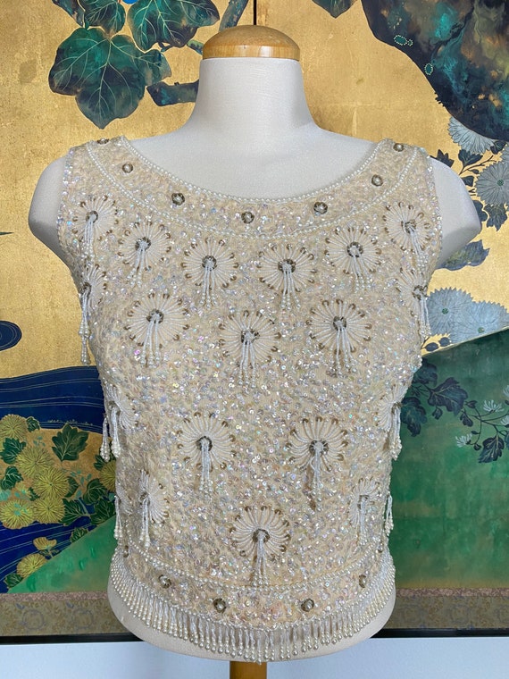 1960s Vintage Sequined and Beaded Knit Cropped Sw… - image 2