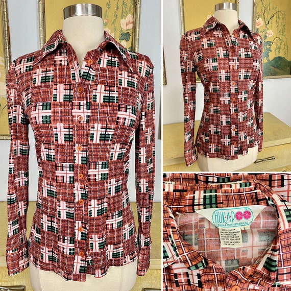 1970s Vintage Plaid Print Nylon Blouse by Huk A P… - image 1