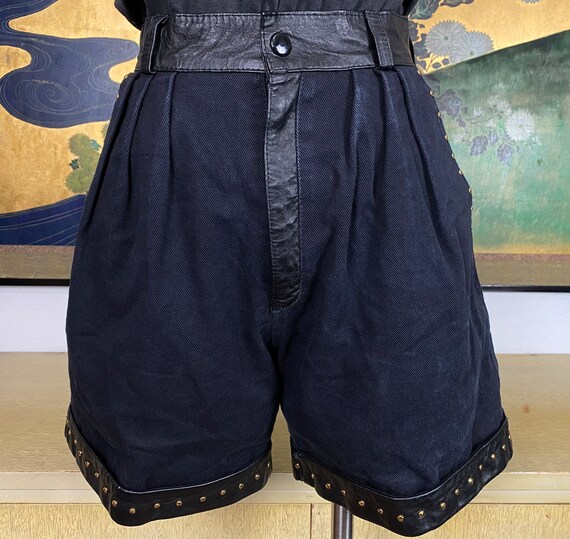 1980s 90s Vintage Black Denim and Leather Shorts … - image 3