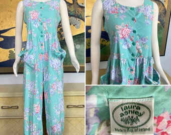 1980s Vintage Laura Ashley Floral Print Jumpsuit Romper -- Soft Colors and Darling Pockets!