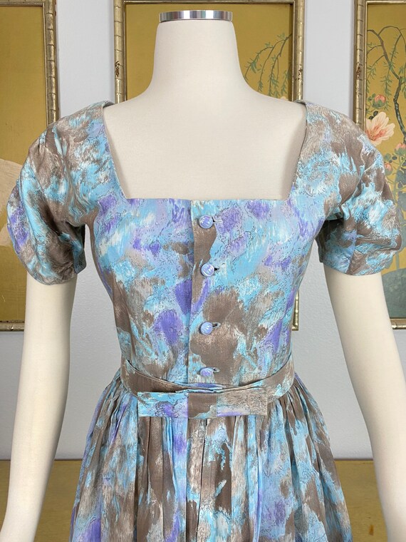 1950s 60s Vintage Watercolor Print Cotton Dress S… - image 4