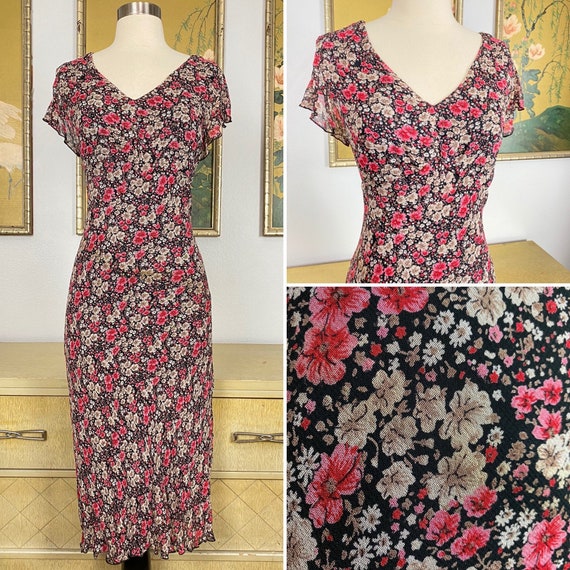 1990s Vintage Rayon Dark Floral Print Dress by Ap… - image 1