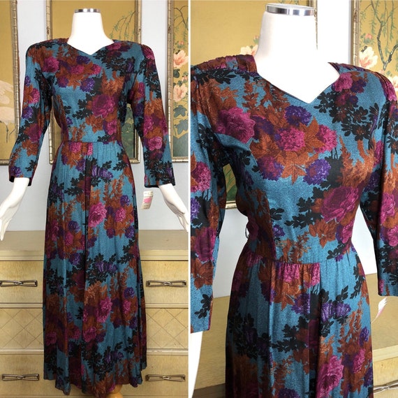 1980s Vintage Floral Print Dress by S.L. Fashions -- Rich Dark Floral Print!