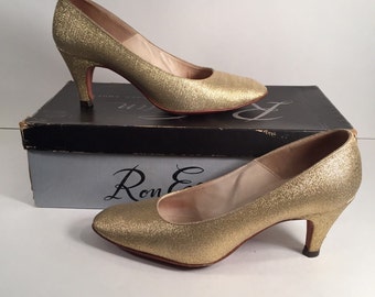 1960s Gold Lurex Heels by Ron Evan Designer Shoes -- Original Box Included