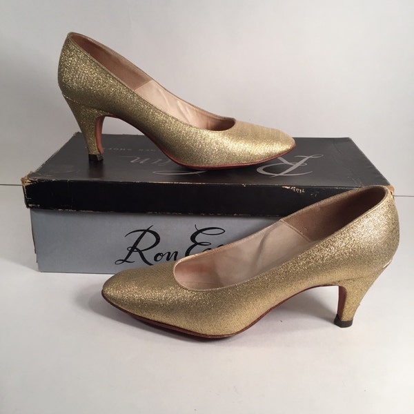 1960s Gold Lurex Heels by Ron Evan Designer Shoes -- Original Box Included