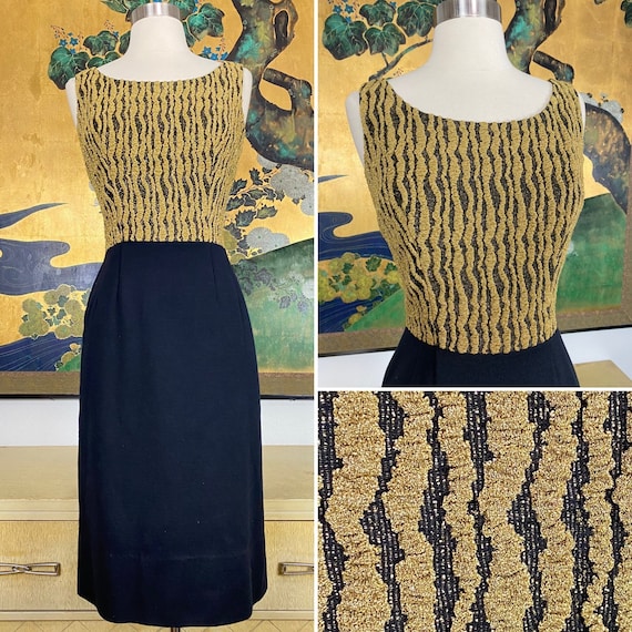 1950s 60s Vintage Gold Lurex and Black Knit Dress… - image 1