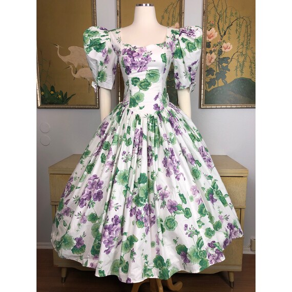 Vintage 1980s does 50s Purple Floral Dress -- Huge