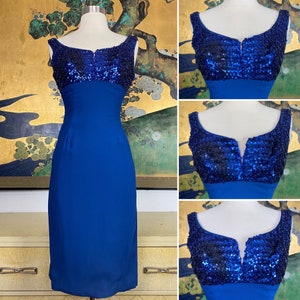 1960s Vintage Cobalt Blue Sequined Cocktail Dress -- Lovely but Needs TLC!