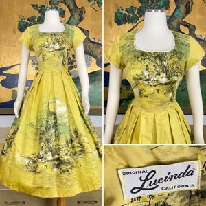 1950s Vintage Novelty Print Cotton Dress by Lucinda California -- Pastoral Scene in Shades of Green and Chartreuse!