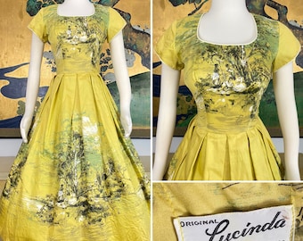 1950s Vintage Novelty Print Cotton Dress by Lucinda California -- Pastoral Scene in Shades of Green and Chartreuse!