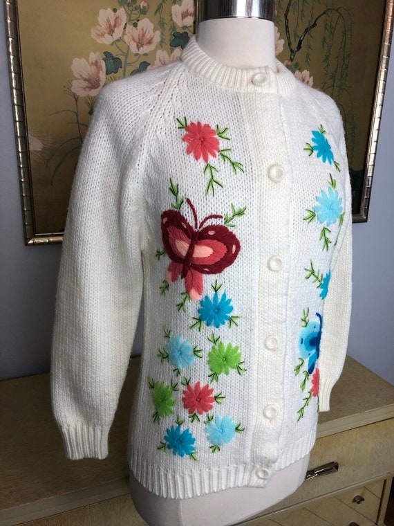 1980s Acrylic Butterflies and Flowers Cardigan No… - image 2