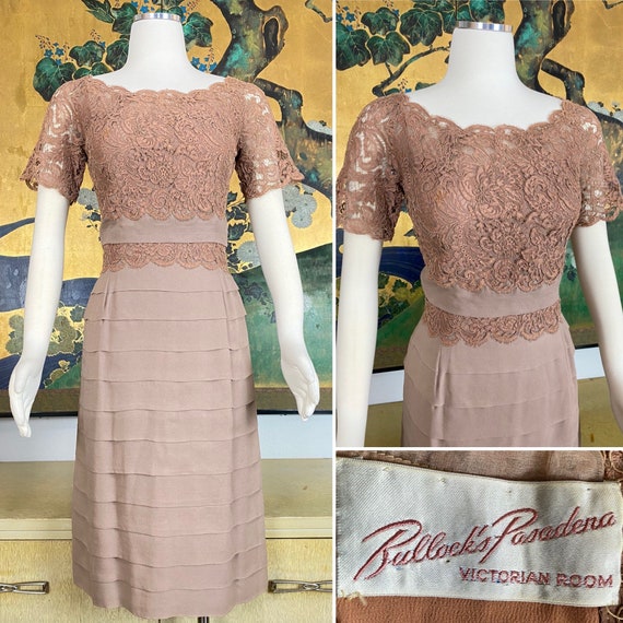 1950s 60s Vintage Lace and Chiffon Dress by Bullock's Pasadena, Victorian Room -- Warm Shade of Mocha Brown!