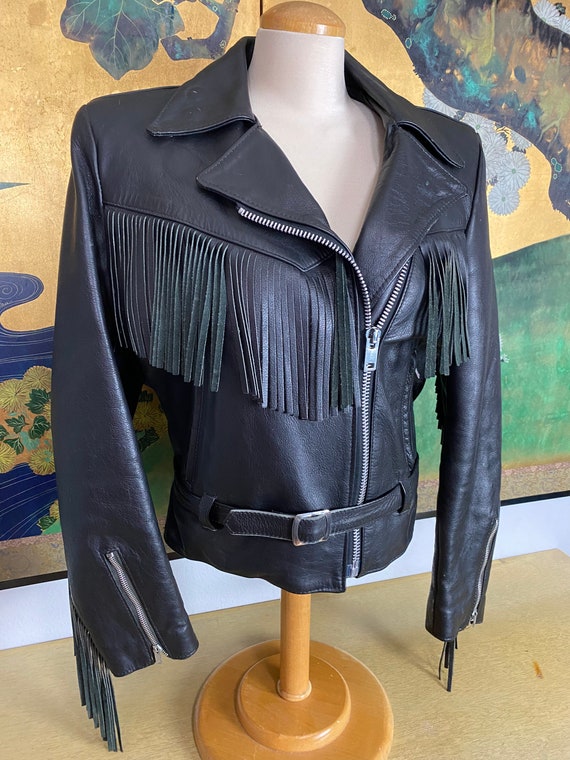 1990s Vintage Leather Fringed Motorcycle Jacket b… - image 4
