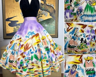 1950s Vintage Hand Painted Mexican Circle Skirt -- Vibrant Mercado de Xochimilco Scene!