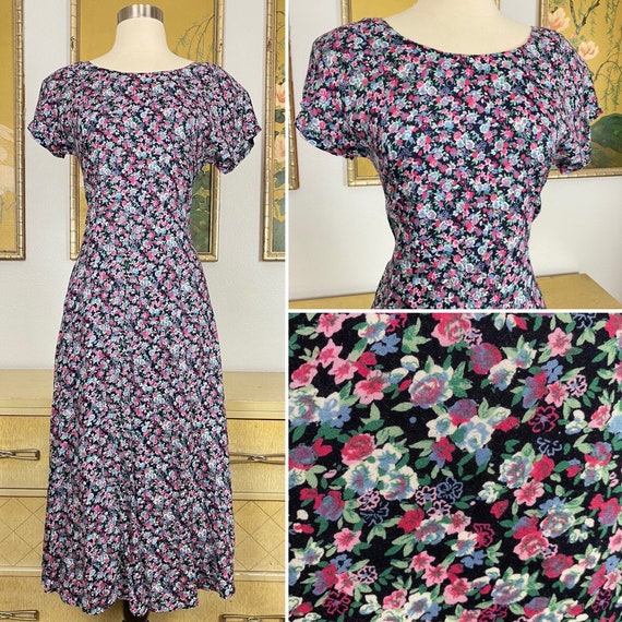 1990s Vintage Rayon Floral Print Dress by High Fashion USA -- Delicate dark Floral Print!