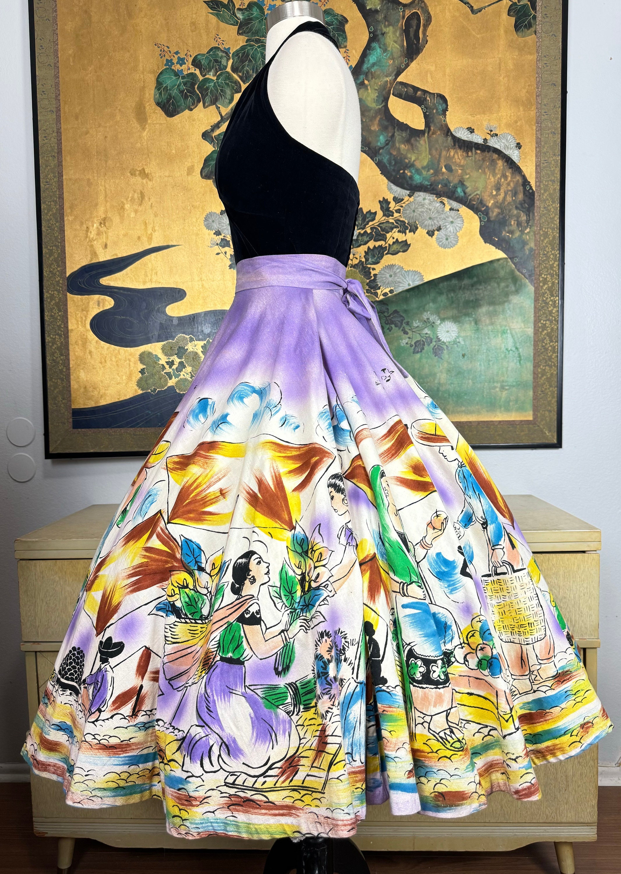 1950s Vintage Hand Painted Mexican Circle Skirt -- Vibrant Mercado