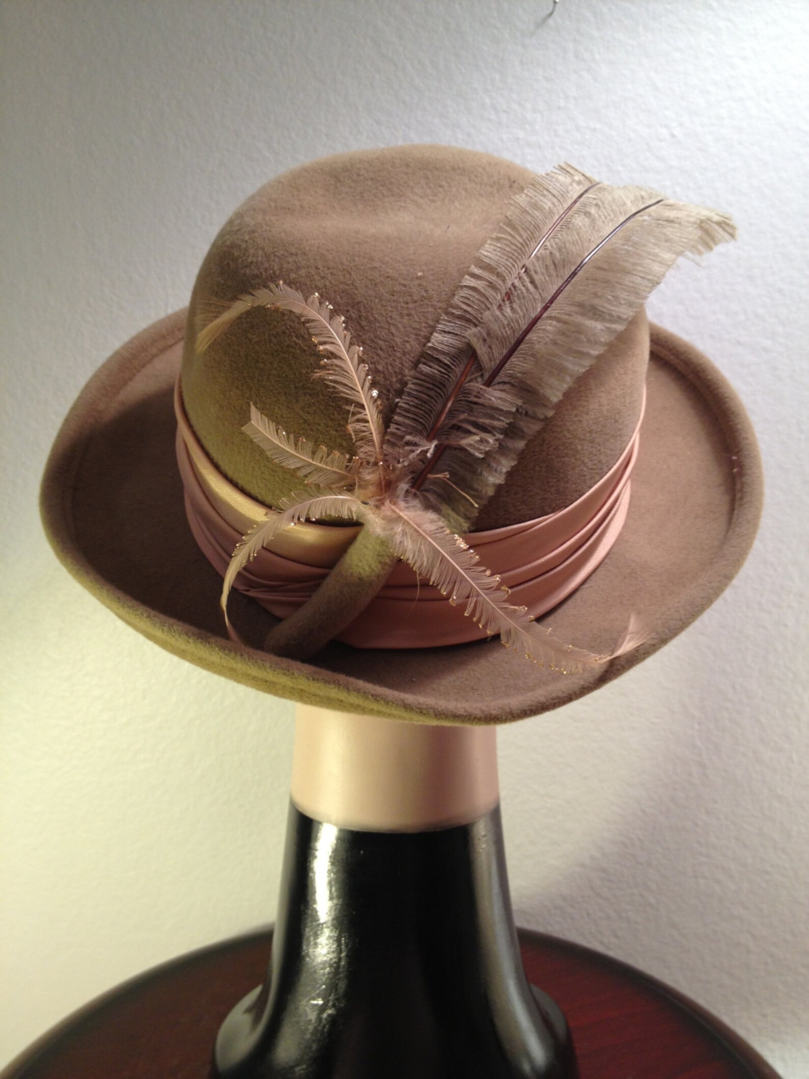1950s Hat Taupe Felt Hat with Peach Satin Feather and Etsy