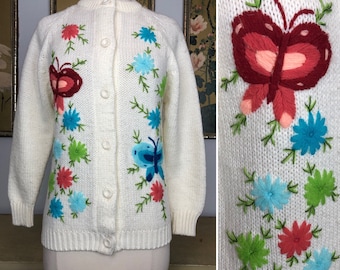 1980s Acrylic Butterflies and Flowers Cardigan Novelty Sweater -- Bright and Colorful Embroidery!