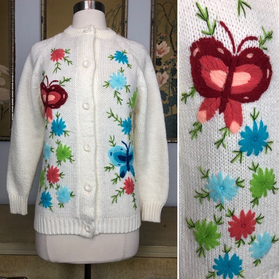 1980s Acrylic Butterflies and Flowers Cardigan No… - image 1