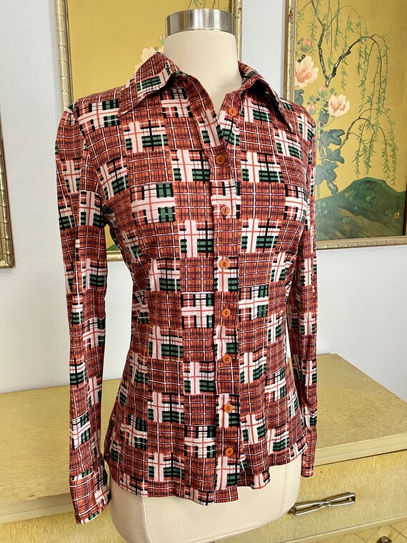 1970s Vintage Plaid Print Nylon Blouse by Huk A P… - image 3