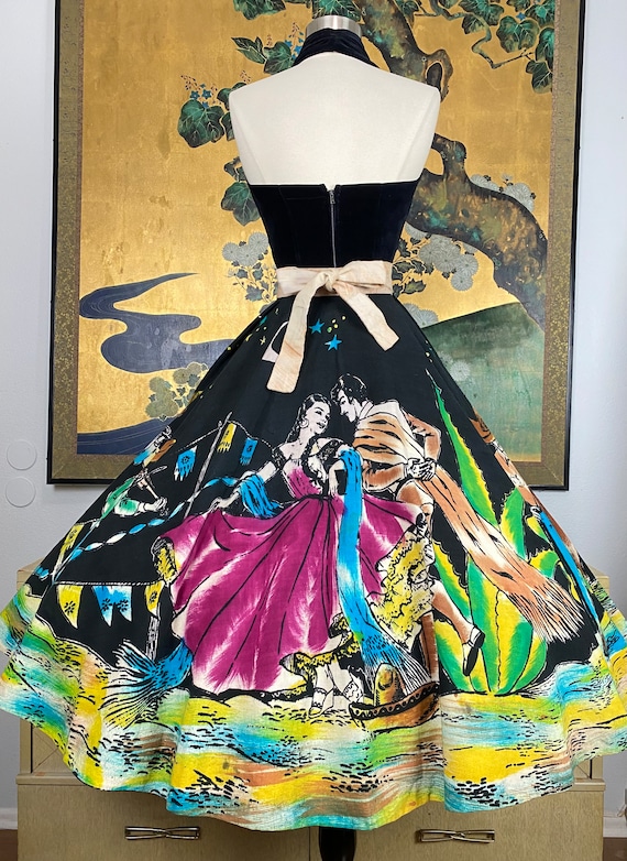 1950s Vintage Hand Painted Mexican Circle Skirt -… - image 9