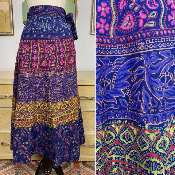 1970s Vintage Cotton Wrap Skirt -- Colorful and L… - image 1