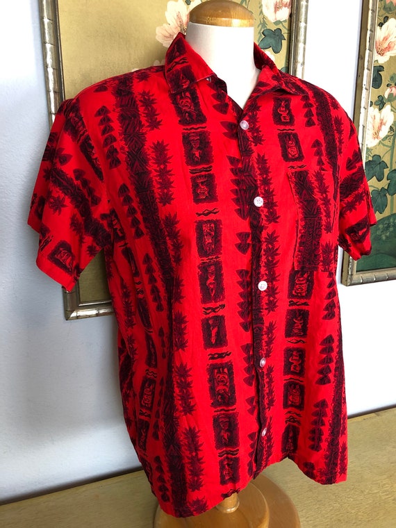 1950s Men's Cotton Hawaiian Shirt -- Bold Tiki Po… - image 1