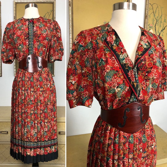1970s 80s Vintage Paisley and Floral Print Dress -