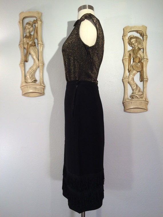 1950s Fitted Black Pencil Skirt with Fringe Detai… - image 4