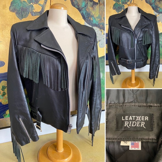 1990s Vintage Leather Fringed Motorcycle Jacket b… - image 1