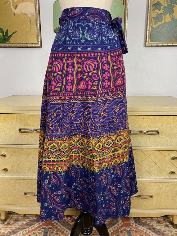 1970s Vintage Cotton Wrap Skirt -- Colorful and L… - image 2