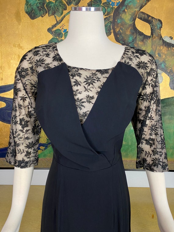 1940s Vintage Black Rayon Dress with Lace Illusio… - image 3