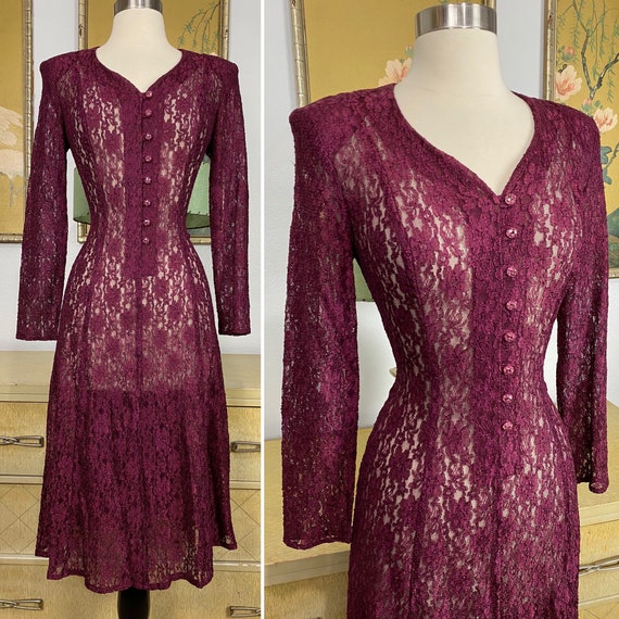 1990s Vintage Sheer Stretch Lace Dress by All Tha… - image 1