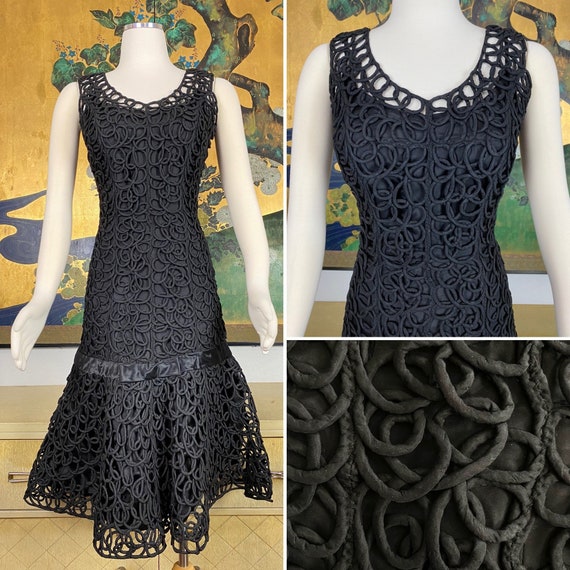 1950s 60s Vintage Black Cocktail Party Dress -- Unique, Intricate Cording Design!