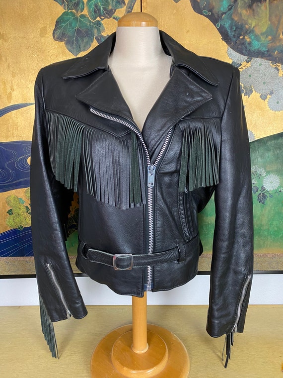 1990s Vintage Leather Fringed Motorcycle Jacket b… - image 3